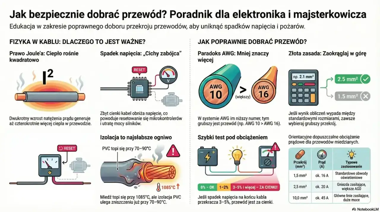 Poradnik: jaki kabel do instalacji elektrycznej w domu? Wykresy pokazują prawo Joule'a, spadek napięcia, paradoks AWG, test obciążenia i dobór przekroju przewodu.